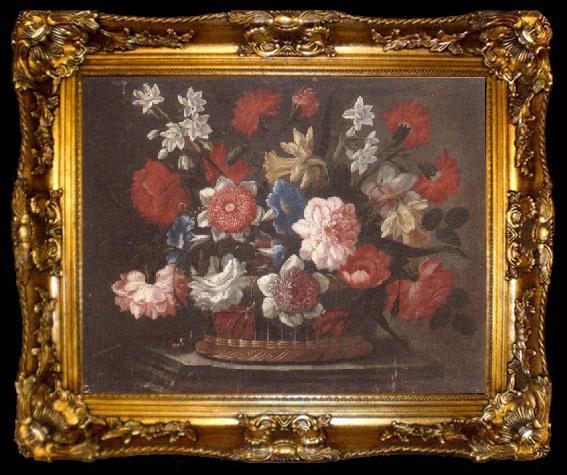 framed  unknow artist Still life of various flowers in a wicker basket,upon a stone ledge, ta009-2